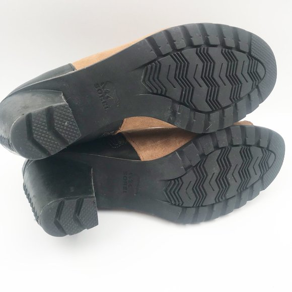 SOREL Nadia Peep Toe Suede Tan Black Block Heeled Ankle Booties Womens 8.5 - Picture 13 of 13